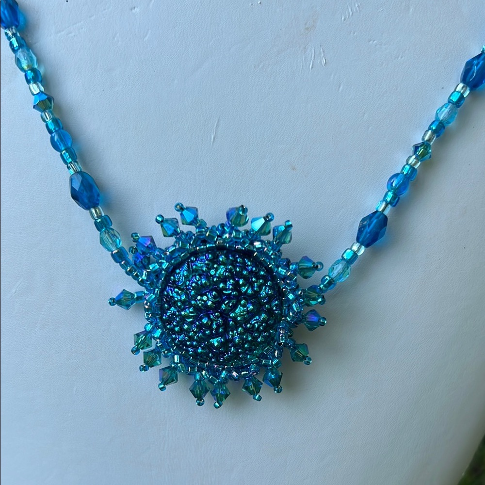 Handmade Beaded Blue Druzzy Starburst Medallion Necklace with Crystal Beads